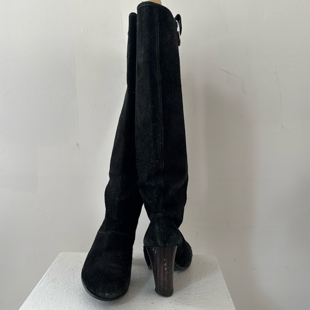 DVF Black Suede Riding Boot with Silver Detail and Wooden Heel 36.6